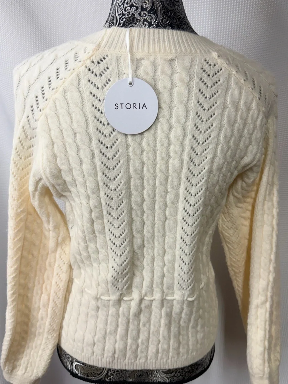 Storia Cream Embroidered Cable-Knit Crew Sweater with Waist Tie